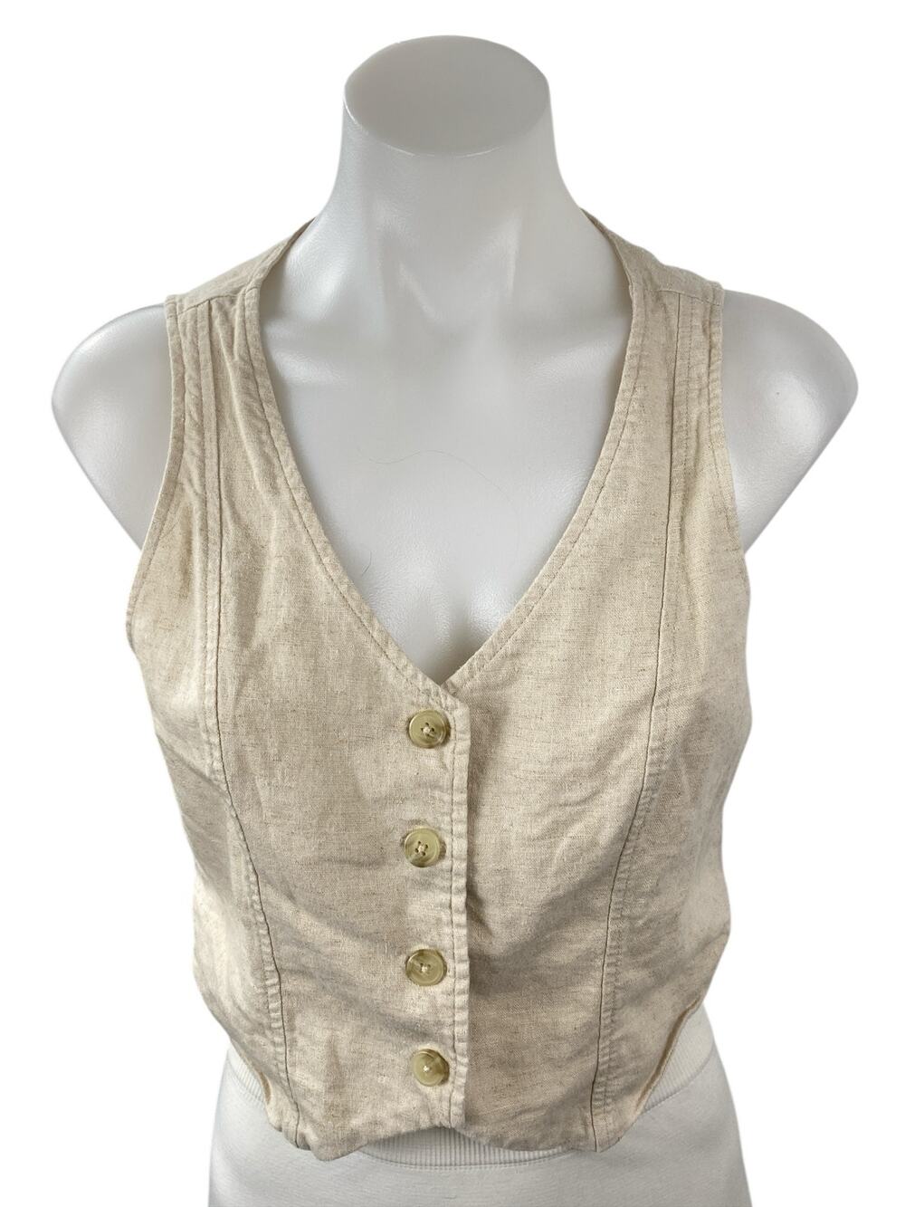 Hollister Women's Beige Sleeveless V Neck Button Up Buckle Vest Crop Top Size S